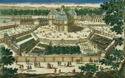 Widok i perspektywa Salon de la Menagerie w Wersalu, grawerowane przez Antoine Aveline (1691-1743)