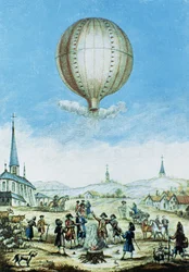 Widok Annonay w Vivarais i pierwszy lot balonu na ogrzane powietrze braci Montgolfier w 1783 roku (kolorowe grawerowanie)