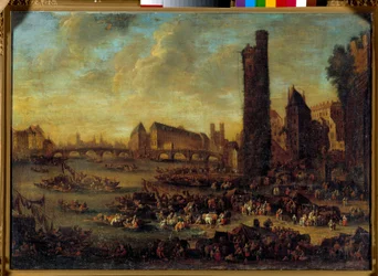 Widok na Paryż z Côte de la Cite zaczerpnięty z malarstwa Tour de Nesles Szkoły Francuskiej. 1650 niedz. 0,59 x 0,82m Wersal. Muzeum Zamkowe