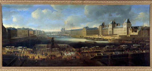 Widok na Paryż z wybrzeża Luwru zaczerpnięty z malarstwa Pont Neuf Szkoły Francuskiej z XVII wieku
