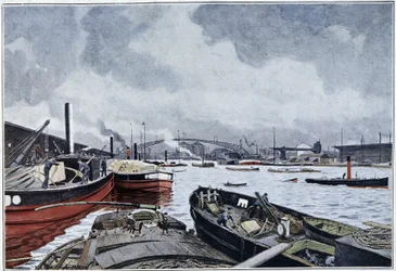 Widok na Paryż, Sekwanę i dorzecze Villette, akwarela Brun. 1889.