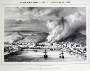 Widok na Pointe a Pitre (Pointe-a-Pitre) po trzęsieniu ziemi z 8.02.1843. Grawerowanie XIX-wiecznego Chartres, Musee des Beaux Arts