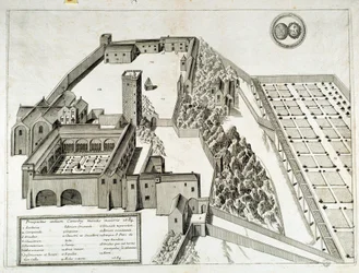 Widok opactwa benedyktyńskiego Saint Pierre de Montmajour (lub Mont Majour), założonego w 948, Arles we Francji (rycina)