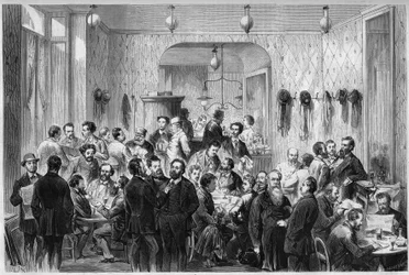 Widok na „Cafe du Levant” w Genewie, miejsce spotkań schronień Komuny Paryskiej i Komuny Lyon. Od lewej do prawej: Masse, Sirdey, Andignous, Jules Frantz, Jules Moutils, Gaillard (ojciec i syn), Perrare, J. Guesde, L.