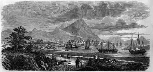 Widok miasta Hongkong (Hongkong) (Canton Bay Island) w 1857 r. Grawer „”Le Monde Illustré” nr 29 z 31 października 1857 r.