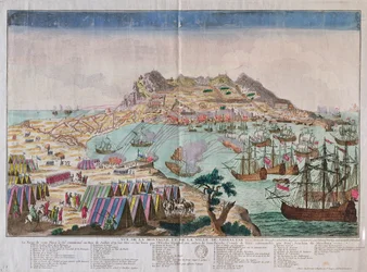 Widok na skałę i miasto Gibraltar podczas oblężenia w 1779 r.