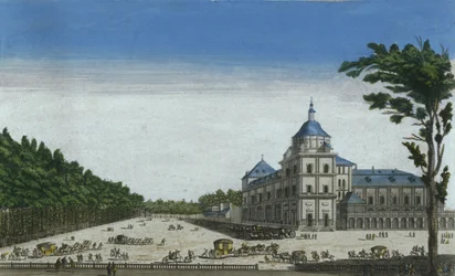 Widok na Pałac Królewski w Aranjuez, Hiszpania (kolorowe grawerowanie)