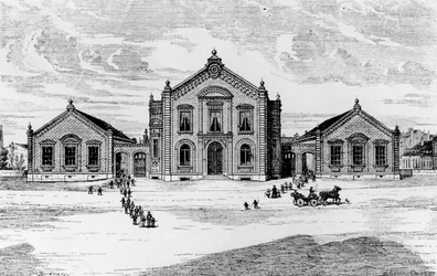 Widok szkół i teatru, Familistery of Guise, z Solutions Sociales Jean-Baptiste Andre Godina (1817-88), Paryż, 1871