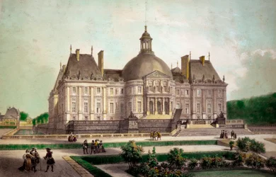 Widok zamku Vaux le Vicomte (Vaux-le-Vicomte) w Maincy (Seine-et-Marne), wybudowanego około 1658 r. Druki z XIX-wiecznej kolekcji prywatnej