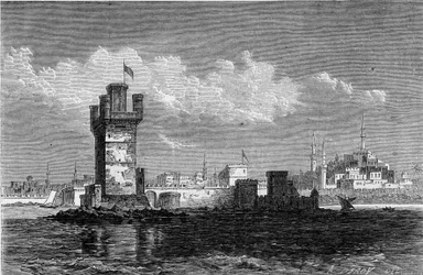 Widok miasta Rodos (Grecja) z kwadratową wieżą Saint Michel (Saint Michel), zniszczoną podczas trzęsienia ziemi w 1863 r. Grawer „”Le Monde Illustré” nr 320 z 30 maja 1863 r.