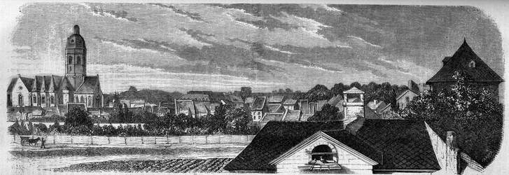 Widok dzielnicy miasta Kastrich w Moguncji (Niemcy), przed wybuchem beczki prochu w 1857 roku. Z fotografii. Grawer w „Le Monde Illustré” nr 36 z 19 grudnia 1857 r.