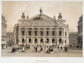 Widok na fasadę Opery Garnier w Paryżu z widokiem na Boulevard des Capucines. Z XIX-wiecznej akwareli Paryż, Musee Carnavalet