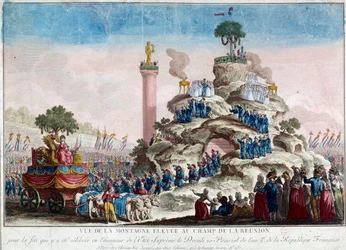 Widok góry wzniesionej na polu Reunion. 20 prairiala roku II (8/06/1794) z okazji Święta Najwyższej Istoty Anonimowa rycina z 1794 roku. Paryż, Musee Carnavalet