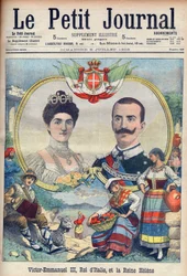 Vittorio Emanuele III di Savoia i Elena di Savoia - Król Wiktor Emanuel III i królowa Włoch Elena. Wiktor Emanuel III, król Włoch i królowa Helena. Ilustracja do Le petit Journal, 5 lipca 1903.