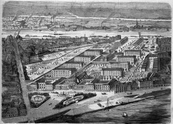 Widok z zewnątrz na Hotel Dieu (Hotel-Dieu) w Nantes, otwarty w 1863 roku. Szpital ten został prawie całkowicie zniszczony podczas bombardowania w 1943 roku. Loire Atlantique (44). Grawer w „Le Monde Illustre” nr 347 z 5 grudnia 1863 r.