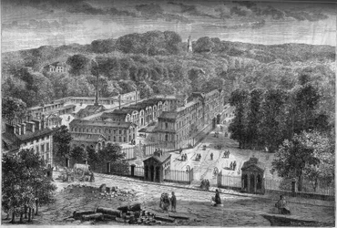 Widok z zewnątrz na cesarską fabrykę porcelany Sevres, zbudowaną w parku Saint Cloud według planów architekta Laudina