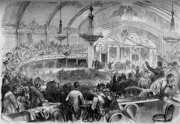 Wojna 1870 roku - wybory parlamentarne podczas zawieszenia broni - luty 1871: zebranie wyborcze w Cabaret des Folies Bergères w Paryżu w celu ogłoszenia kandydatów do Zgromadzenia Narodowego. Rycina w „Le Monde Illustré”, nr 722 z 11 lutego 187