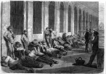 Wojna 1870 roku: paryżanie stojący w kolejce przed Ministerstwem Finansów, aby subskrybować pożyczkę narodową na sfinansowanie wojny. Scena przedstawiająca dzień poprzedzający otwarcie okienek