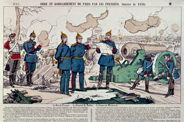 Wojna 1870 r.: oblężenie i bombardowanie Paryża przez Prusaków. Pruski król Wilhelm I (1797-1888), generał Moltke (1800-1891) i kanclerz Otto von Bismarck (1815-1898) wzięli udział w naradzie. Rycina z 1870 roku. Paryż, Musee Carnavalet