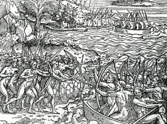 Scena wojny, Brazylia, ilustracja z „Singularities of France Antarctique”, Andre de Thevet, 1558