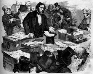 William Ewart Gladstone (1809-1898), angielski polityk, kanclerz kanclerza, prezentujący w Izbie Gmin budżet i handel. Londyn, Anglia
