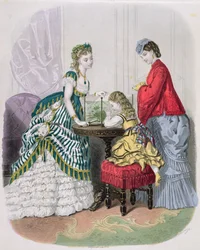 Kobiety i dziecko patrzące na akwarium, z La Mode Illustrée, ok. 1870 r.