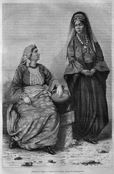 Kobiety z Trypolisu, z dzisiejszej Syrii. Podróżuje po Fenicji, Libanie i Judei. 1875-1880 Louis Charles Emile Lortet, 1884 (bw grawerowanie)