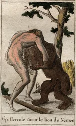 Dzieła Herkulesa: „” Herkules zabija lwa Nemee”” (Pierwsza praca Heraklesa, Herkules zabijający lwa nemejskiego) Z „” Mitologia młodości „” Pierre Blancharda 1803.