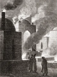 Zoroastriańscy czciciele ognia w Świątyni Ognia w Baku w Azerbejdżanie, z „Les Merveilles de la Science”, opublikowanej ok. 1870 r. (rycina)