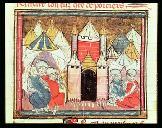 f.259r Oblężenie Chateau-Gaillard w 1204, kiedy Filip August z Francji (1165-1223) pokonał angielskiego króla Jana (Lackland) (1199-1216), z Grandes Chroniques de France, 1375-79