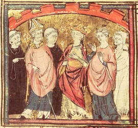 f.73r Dagobert I (605-39), król Franków otrzymujący Królestwo Francji, z Grandes Chroniques de France, 1375-79