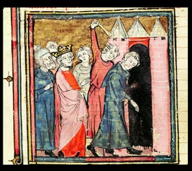 f.86v Charles Martel dba o karę i wygnanie dwóch mężczyzn, z Grandes Chroniques de France, 1375-79