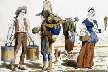 ilustracja paryskich strojów w XVIII wieku: przewoźnik wody, handlarz melonami, szyfonier, handlarz przyjemnościami.