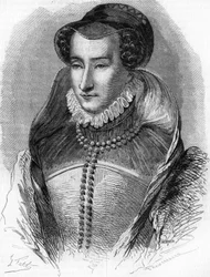 portret Joanny III Albret (1528-1572), matki króla Henryka IV i żony Antoine de Bourbon (1528-1572). W „”Histoire Populaire de la France””, sd. ok. 1885 r. Grawerowanie.