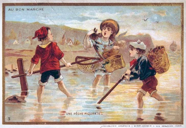 Pocztówka w stylu vintage przedstawiająca dzieci na plaży