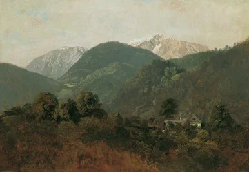 Widok z Scheuchenstein na Gauermannhof z Schneebergiem w tle