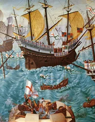 Zaokrętowanie Henryka VIII 1491-1547 na pokład statku Henry Grace a Dieu w 1520, skopiowane z obrazu Vincenta Volpi olej na płótnie z 148771