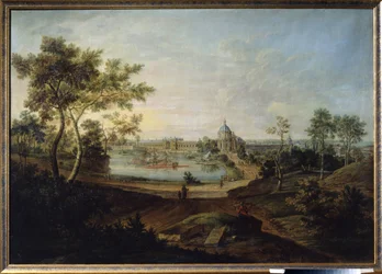 „Widok na Pałac Królewski w Oranienbaum, obecny Łomonosow w Rosji”” (Widok na Pałac Wielki w Oranienbaum) Zbudowany przez architekta Antonio Rinaldiego dla cesarzowej Katarzyny II Wielkiej. Obraz Friedricha Hartmanna Barisien (1724-1796) 1758 Stat