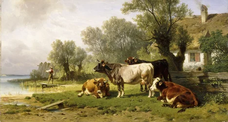 Bydło na farmie wzdłuż rzeki, a za nim rybak, 1881 r.