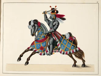 Rycerz na turnieju, ilustracja z "Historii rozwoju i zwyczajów rycerskich", autorstwa dr Franza Kottenkampa, wydanej przez Carla Hoffmanna, 1842 r.
