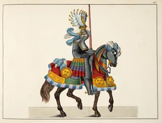 Rycerz w drodze na turniej, tablica z „Historii rozwoju i obyczajów rycerskich” dr. Franza Kottenkampa, wydana przez Carla Hoffmanna, 1842