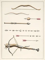 Łuki i strzały z XIV-XV w., tablica z „Historii rozwoju i obyczajów rycerskich”, dr. Franza Kottenkampa, wyd. Carl Hoffmann, 1842