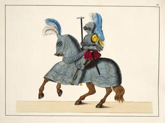 Rycerz i koń w zbroi, tablica z „Historii rozwoju i obyczajów rycerskich” dr. Franza Kottenkampa, wyd. Carl Hoffmann, 1842