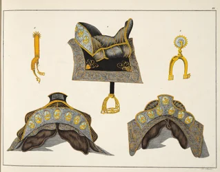 Siodła i ostrogi, płyta z „Historii rozwoju i obyczajów rycerskich” dr. Franza Kottenkampa, wydanej przez Carla Hoffmanna, 1842