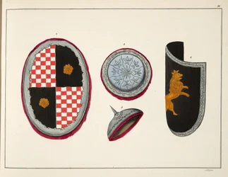 Tarcze, tablica z „Historii rozwoju i obyczajów rycerskich” dr. Franza Kottenkampa, wydanej przez Carla Hoffmanna, 1842
