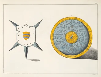 Tarcze, tablica z „Historii rozwoju i obyczajów rycerskich” dr. Franza Kottenkampa, wydanej przez Carla Hoffmanna, 1842