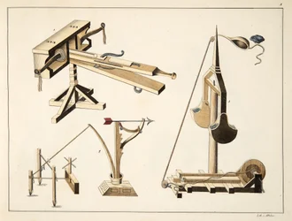 Broń proca, tabliczka z „Historii rozwoju i obyczajów rycerskich” dr. Franza Kottenkampa, wydanej przez Carla Hoffmanna, 1842