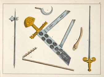 Włócznia z kolcami, cep i plecionka, płyta z „Historii rozwoju i zwyczajów rycerskich”, dr. Franza Kottenkampa, wyd. Carl Hoffmann, 1842 Kottenkamp, wyd. Car