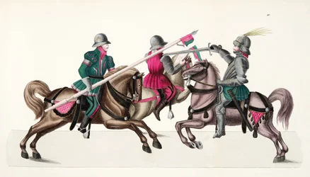 Trzech rycerzy na turnieju, tablica z „Historii rozwoju i obyczajów rycerskich” dr. Franza Kottenkampa, wyd. Carl Hoffmann, 1842