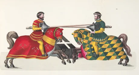 Dwóch rycerzy na turnieju, tablica z „Historii rozwoju i obyczajów rycerskich” dr. Franza Kottenkampa, wyd. Carl Hoffmann, 1842